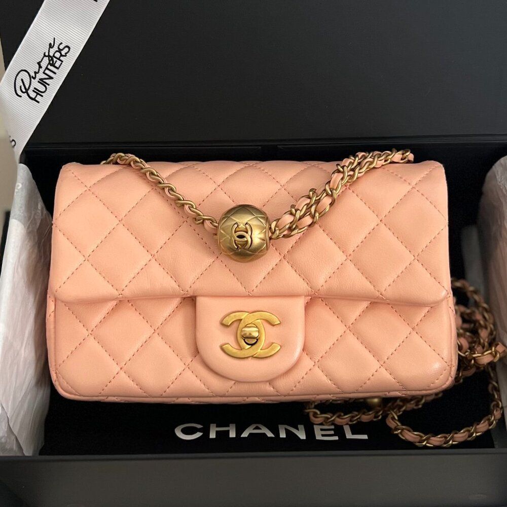 100% Authentic CHANEL Mini Rectangular in Salmon Pink Lambskin with GHW